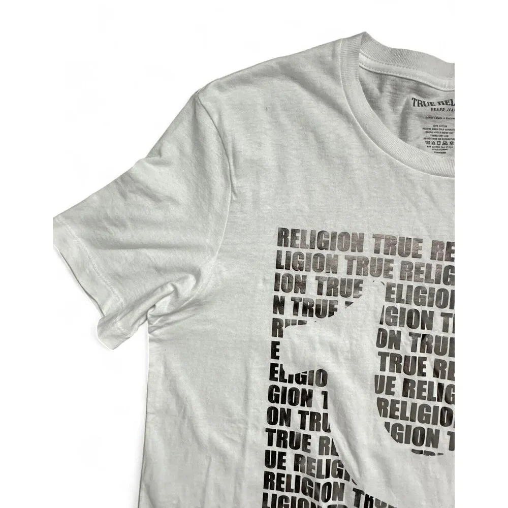 NWT True‎ Religion Brand Script All Over Silver Foil Graphic White Shirt Size L
